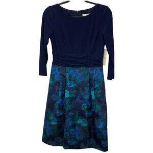 Eliza J Dress Fit and Flare Floral Jacquard Blue Green Size 4 Mixed Media